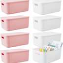 Hoolerry 8 Pieces Colorful Storage Bins with Lid, Plastic Storage Basket Organizing Container Stackable Box with Handle for Shelves Desktop Playroom Office(13.8 x 9.8 x 5.9 Inch,White and Pink)