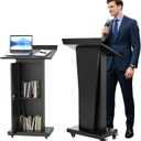 Podium Stand with 4 Locking Wheels, Rolling Lectern with Storage, Podium with Shelves, 50.4" H Black Lectern Podium Teacher, for Public Speaking, Church, School, Office and Conference
