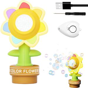 Sunflower Bubble Machine, Remote Control Flower Bubble Blower, with Music Colorful Lighting & Auto Rotation, Outdoor Indoor Kids Party Toy with Fixable Stand, for Toddlers 3+