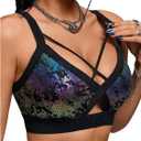 OYOANGLE Women's Metallic Printed Sports Bra Criss Cross Workout Padded Medium Support Running Bras Gym Crop Tops (Black, M)