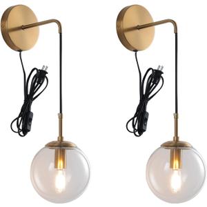 KUZZULL Wall Sconces Set of Two Plug in Wall Sconces Brushed Brass Gold Wall Lamp with Cord Wall Sconce Plug in with Globe Clear Glass Shade Sconces Set of 2 Wall Light Sconce