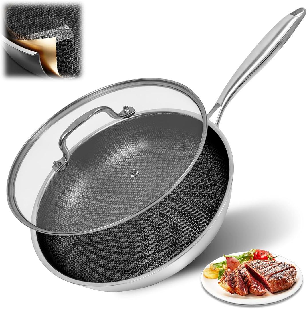 KVZKVZ 12 Inch Non Stick Frying Pan With Lid, Non Stick Frying Pans With Lids, 3-Ply Stainless Steel Frying Pan, Stay-Cool Handle, Oven & Dishwasher Safe, Induction Compatible All Cooktop