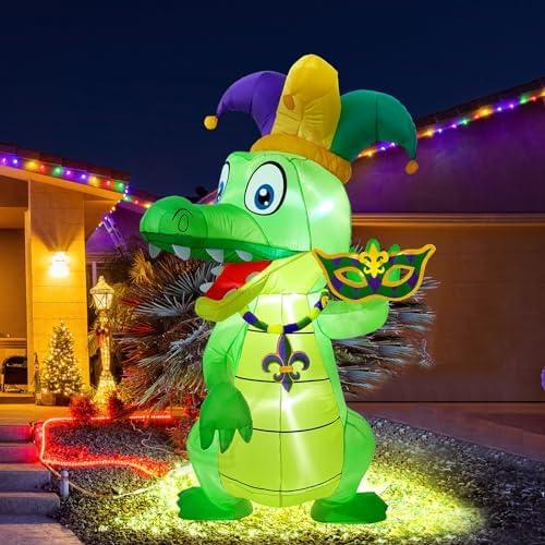 Shappy 6 ft Huge Mardi Gras Inflatable Decoration Inflatable Alligator with Crown Necklace Built in LED Lights Blow up Alligator for Mardi Gras Yard Garden Outdoor Decoration