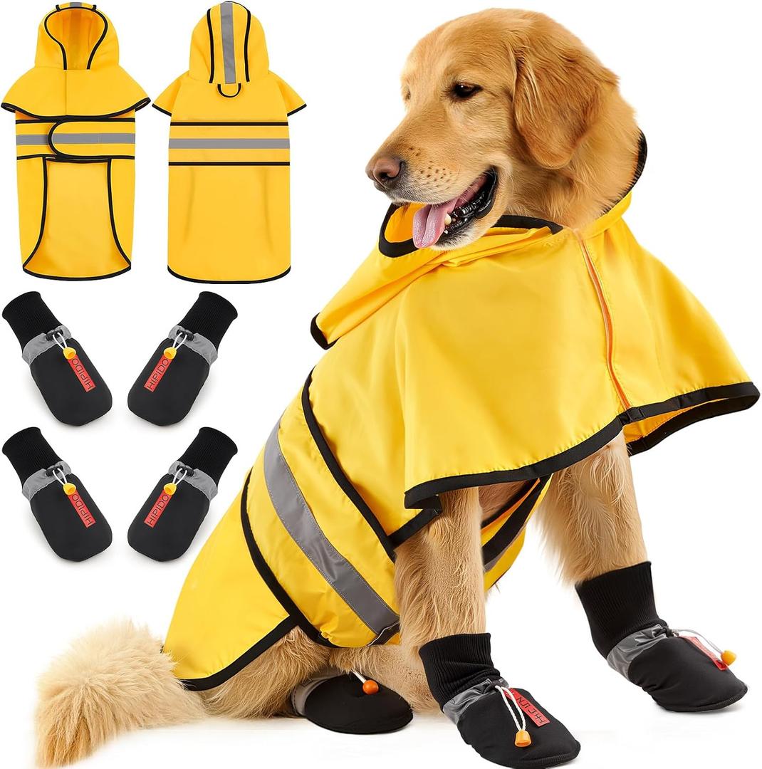 Dog Raincoat and Shoes for Weighing 35-50lbs, Spring Summer Waterproof Dogs Boots & Paw Protectors, Adjustable Pet Poncho with Leash Hole for Large Medium Small Dogs, Yellow(Single Side) L