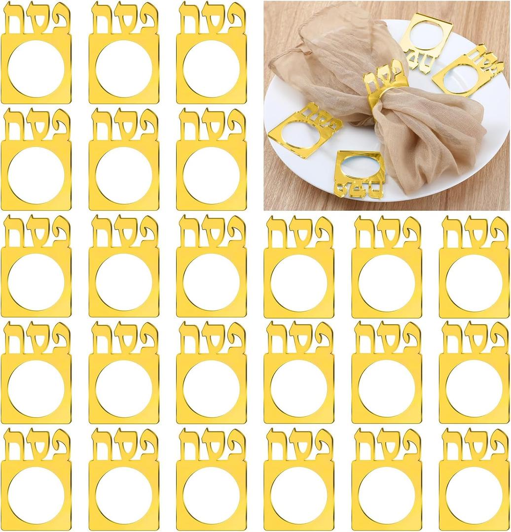24 Pcs Passover Napkin Rings for the Pesach Seder, Mirrored Napkin Holders Acrylic Serviette Holder for Jewish Passover Table Decoration(Gold)