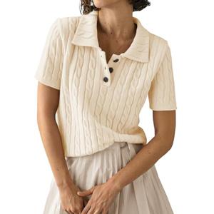 Imily Bela Womens Polo V Neck Pullovers Lightweight Short Sleeve Cable Knit Sweater Business Casual Summer Tops 2025 White Size M
