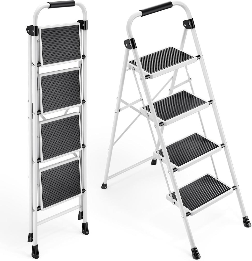 KINGRACK 4 Step Ladder, Folding Step Stool with Anti-Slip and Wide Pedal, Lightweight Stepladder with Handrails, Portable for Kitchen, Household, White