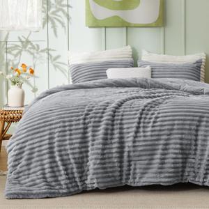 Bedsure Fluffy Comforter Set King Size - Super Soft Faux Fur Bed Set Grey, Warm Plush Fleece Winter Bedding, 3 Pieces, 1 Shaggy Fuzzy All Seasons King Comforter with 2 Pillowcases