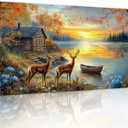 crmotu Animal Landscape Wall Art, Lake Sunset Scenery Large Artwork, Cottage Deer Flower Rustic Canvas Art Prints, Nature Autumn Scenic Paintings Wall Decor Living Room Bedroom Kitchen 20X40 In (Elk River Sunset)