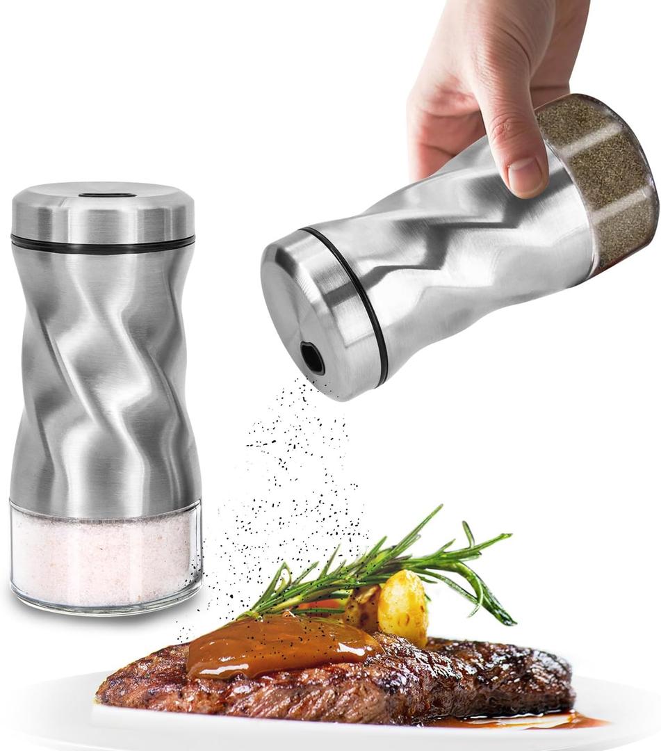 Glass Salt and Pepper Shakers Set, Adjustable Pour Holes for Fine or Coarse Spices, 4 oz Glass Salt Shaker, Refillable Spice Shakers for Himalayan & Kosher Salt, Pepper, Cinnamon  For Kitchen & Table (Silver)
