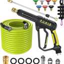 POHIR Pressure Washer Gun and Hose 3600 PSI, Pressure Washer Hose 50ft and Gun, 3/8" Quick Connect Swivel, M22 15mm/14mm Fittings, 30" Extension Wand & 7 Nozzle Tips - for Home & Outdoor Cleaning (50ft Full Set, Green)