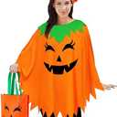 3 PCS Pumpkin Costume for Women Adults, Poncho With Beret and Candy Bag, Halloween Costume