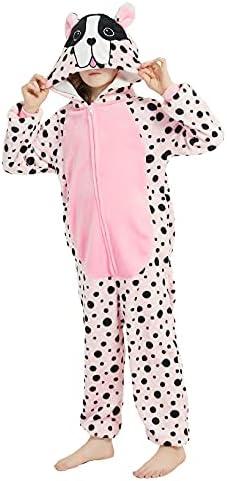 ABASACO Dog Costume for Kids Onesie Plush Animal Dalmatian Girls One Piece Pajamas Halloween Christmas Cosplay Teen Sleepwear 6-7 Years