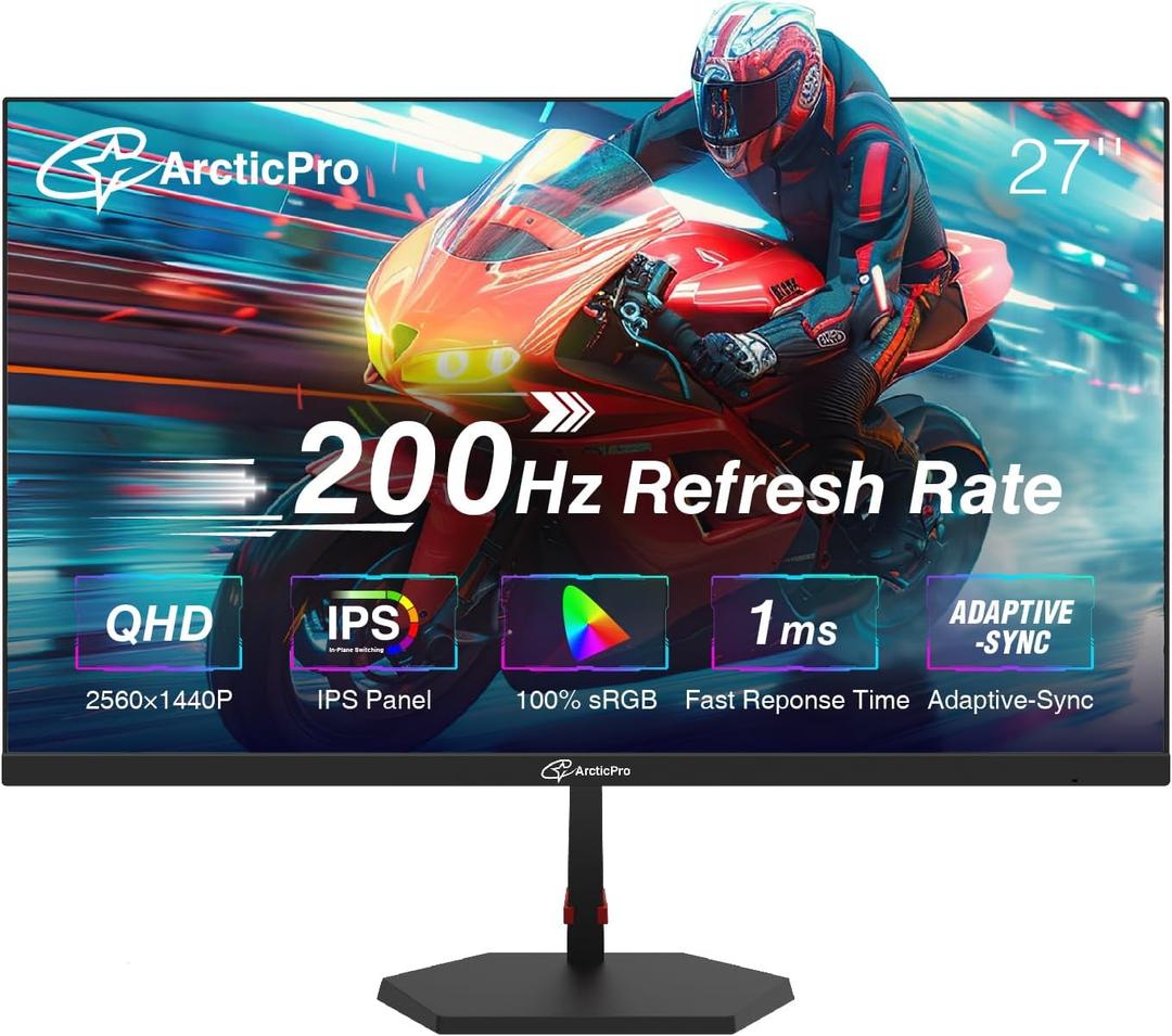 ArcticPro 27inch Gaming Monitor QHD 2560*1440p, 200Hz, 2K, IPS Panel, 1ms Response Time, Adaptive sync, PC Computer Monitor, 3-Sided Frameless, Ultra Slim, 130% sRGB, Bluelight Filter, HDMI *2, DP*2