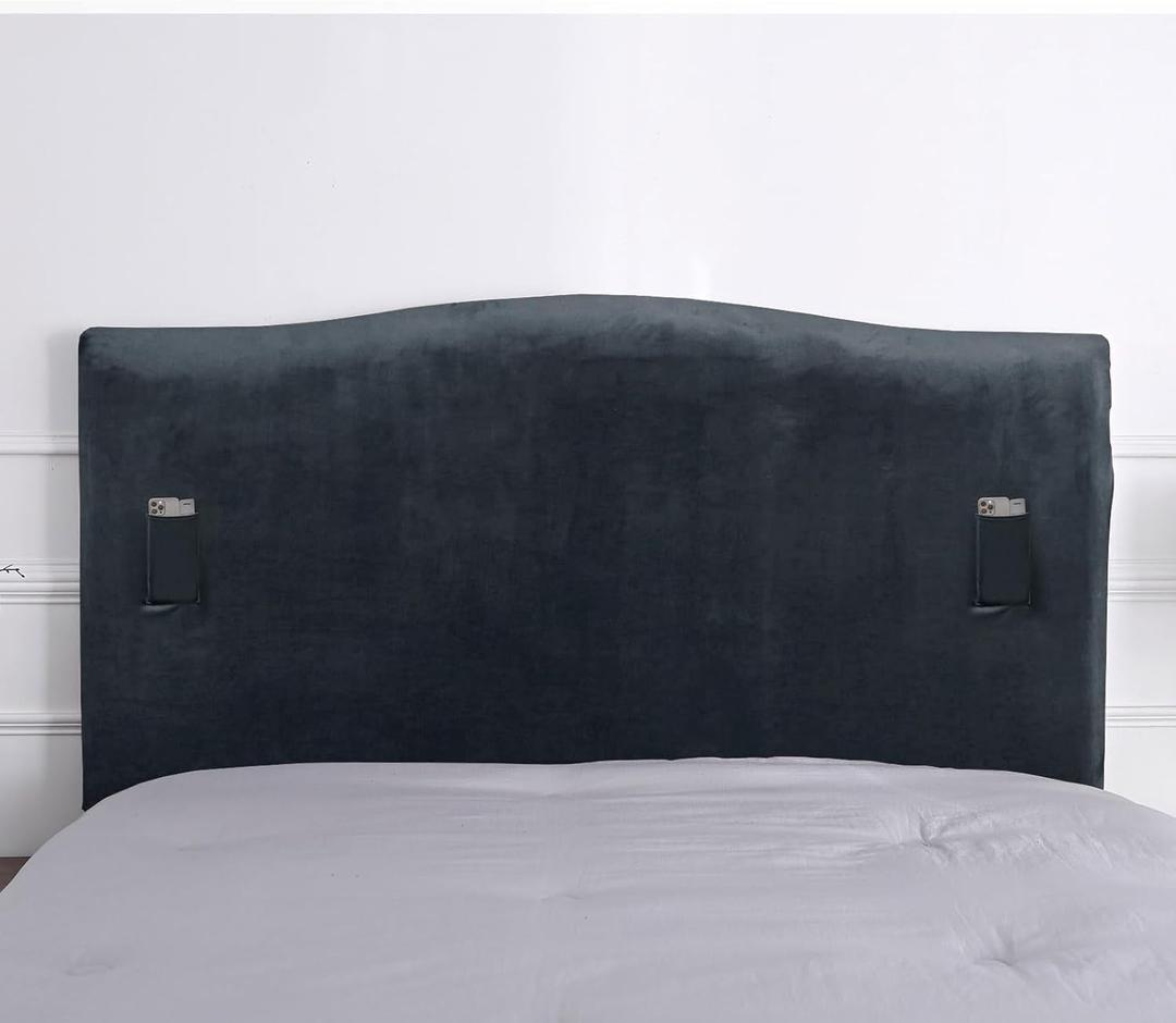 WOMACO Velvet Bed Headboard Slipcover with Storage Pockets, Queen Head Board Cover Protector Stretch Solid Color Dustproof Cover for Bedroom Decor (Dark Gray, 51" - 70")