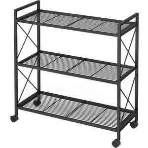SONGMICS 3-Tier Metal Storage Rack with Wheels, Mesh Shelving Unit with X Side Frames, 31.5-Inch Width, for Entryway, Kitchen, Living Room, Bathroom, Industrial Style, Black UBSC183B01