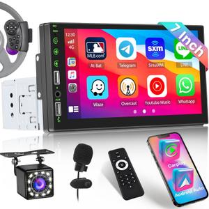 Single Din 7 Inch Touchscreen Car Radio with Carplay and Android Auto, Touhch Screen Single Din Stereo Head Unit with Mirror Link FM Radio AUX USB SWC Colorful Backlight Backup Camera