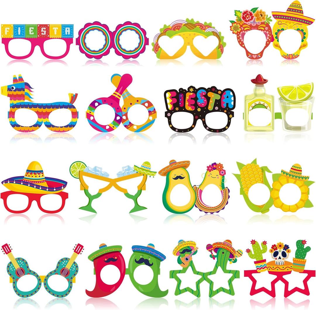 Honoson 32 Pcs Mexican Fiesta Party Decorations Paper Eyeglasses Taco Cactus Pinata Cinco De Mayo Costume Photo Booth Props Supplies for Taco Twosday Birthday Let's Fiesta Favor
