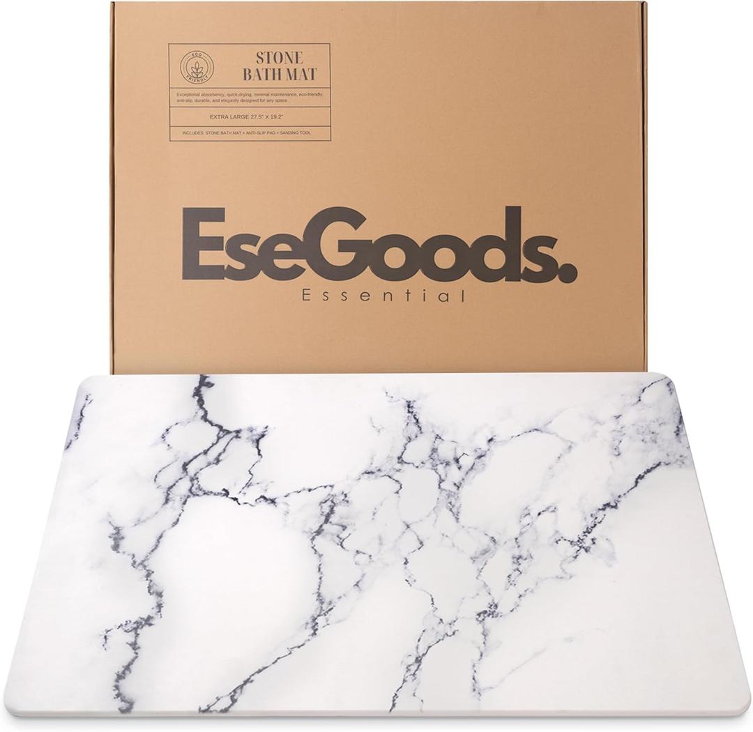 Extra-Large Stone Bath Mat 19.2 x 27.5 Inch | Diatomaceous Earth Shower Mat  Non-Slip, Super Absorbent & Quick-Drying | Diatomite Bath Mat for Bathroom Floor, Shower, Spa, & Kitchen (White)