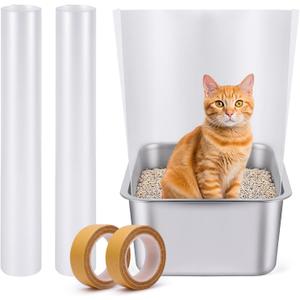Cat Litter Box Pee Shields, One-Piece Seamless, Cuttable 70.8'' x 15.8'' Oversized Panel, Transparent, Easy to Clean, 16.4ft Super Tape (2PC) Roll It The Opposite Way Before Use