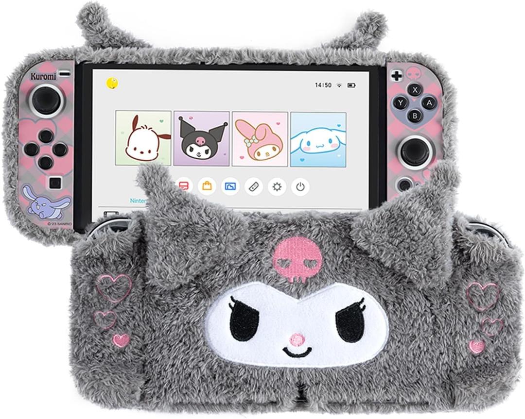 Kuitmor Plush Protective Case for Switch OLED, PC Hard Protective Shell Cover, Anti-Scratch and Shock-Absorption Switch OLED Cover with Stand