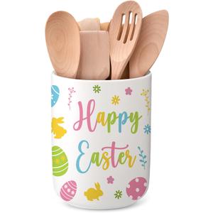 Qinyoung 6.3'' Easter Ceramic Utensil Holder Kitchen Decoration Colorful Spring Egg Bunny Utensil Holder Ceramic Utensils Crock for Rustic Farmhouse Indoor Kitchen Decorations