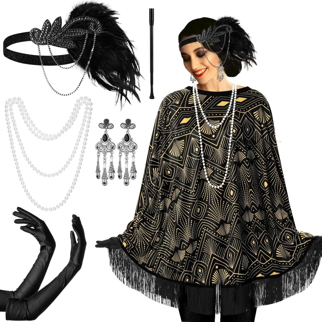 6 Pcs 1920s Flapper Costume Accessories Set for Women Fringed Poncho Flapper Shawl Outfits (Black)