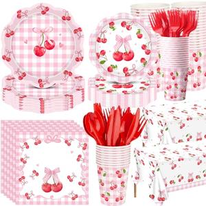 Pickmesh 194 Pcs Cherry Party Decorations for 24, Pink Cherry Bow Paper Plates and Napkins Cups Tablecloth Cutlery Coquette Gingham Tableware Set for Baby Shower Birthday Party Supplies