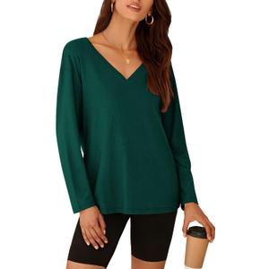 PRETTYGARDEN Womens Fall Fashion 2024 T Shirts Casual Long Sleeve V Neck Tunic Tops Loose Basic Tees (Dark Green,X-Small) (XS)