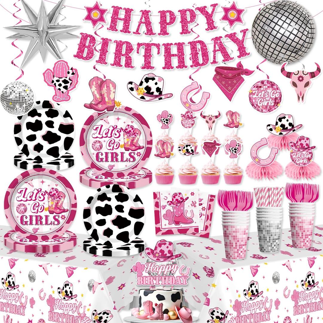 Cowgirl Birthday Party Decorations Pink Western Girl Banner Cake Decorations Disco Cowgirl Plates and Napkins Set for Rodeo Hot Pink Let's Go Girls Party Supplies