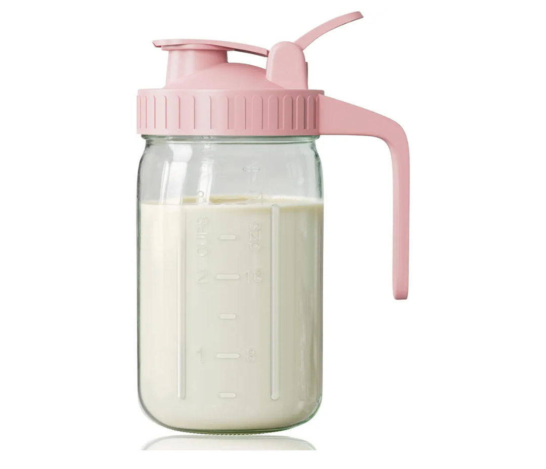 Breast Milk Pitcher, Mason Jar 32 oz, Heavy Duty Wide Mouth Jar with Pink Flip Cap Lid and Pour Spout, Airtight Seal for Freshness and Convenience, Great for Cold Beverages and Home Entertaining