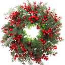 HOMSFOU 1pc Christmas Wreath Door Decor 13.77 Inch Artificial Garland with Red Berries and Pine Needles for Front Door Wall and Fireplace Decor