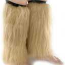 FHQHTH Fuzzy Faux Fur Leg Warmers Fur Heels Long Boots Cuff Cover has Elasticity One Pair Dionysia Boot cover Carnival 18" [Deep Beige, Large]