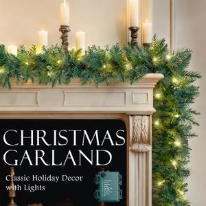 2-Pack 9FT Lighted Christmas Garland, Prelit Christmas Garland with Lights Battery Operated, Artificial Xmas Decorations Holiday Decor for Stairs Door Indoor Fireplace Garlands