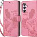Designed for Samsung Galaxy A55 5G Case Wallet,Women Flip Folio Cover with Embossed PU Leather Stand Credit Card Holders Slots Wrist Strap Phone Case for Samsung A55 5G (Pink Girl) (9)