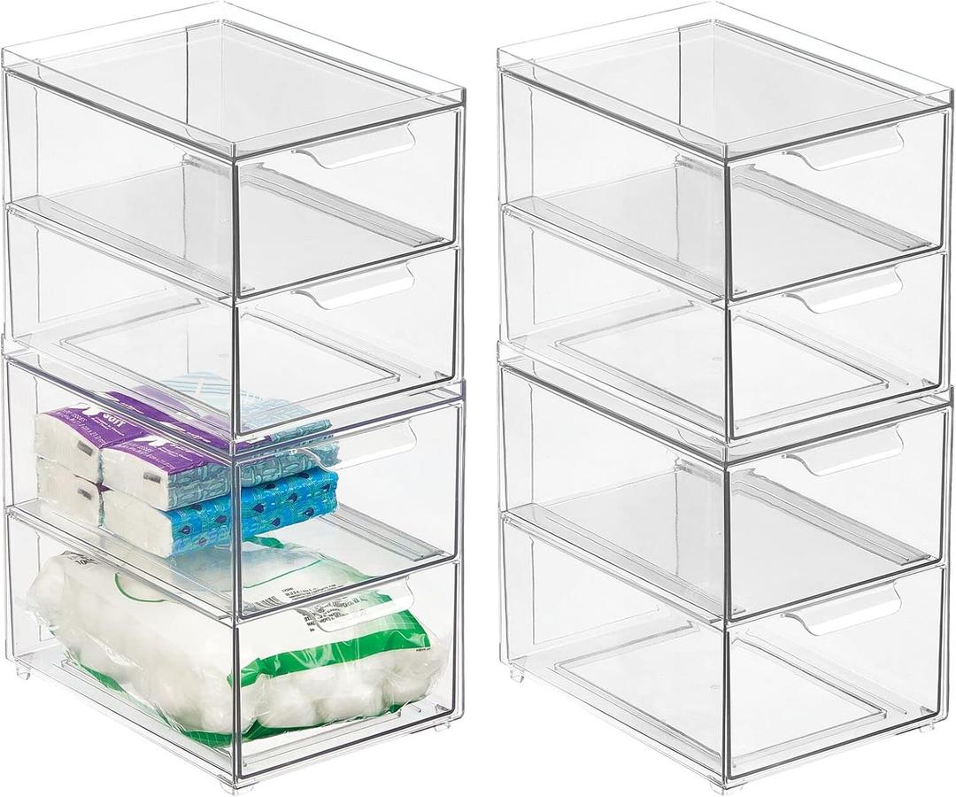 mDesign Stackable Storage Containers Box with 2 Pull-Out Drawers - Stacking Plastic Drawer Bins for Master or Guest Bathroom, Linen Closet, Vanity, Makeup Table Lumiere Collection 4 Pack, Clear