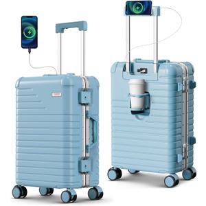 28 Inch Large Checked Luggage with Cup Holder, Aluminum Frame PC Hard Shell Suitcase, 360° Spinner Wheels, TSA Lock for Short Trips and Business Travel