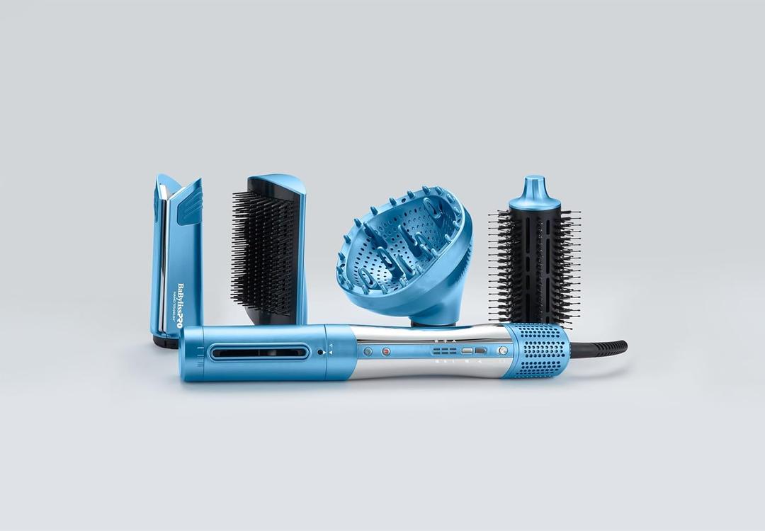 BaBylissPRO StyleSwitch Ionic Multi-Styler, Air Styler and Hair Dryer, Lightweight Hot Air Brush with 5 Attachments, Automatic Dual Voltage (Blue)