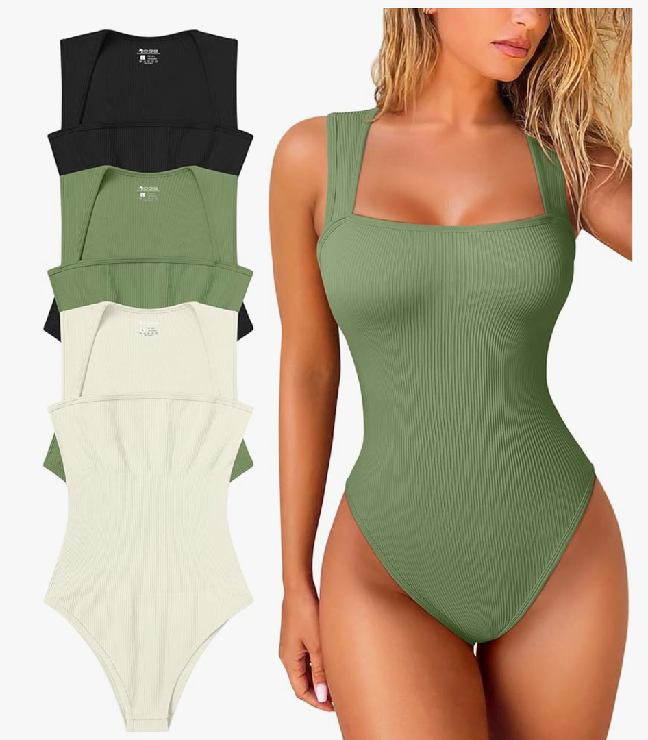OQQ Women's 3 Piece Bodysuits Sexy Ribbed Strappy Square Neck Sleeveless Tummy Control Tank Tops Bodysuits M