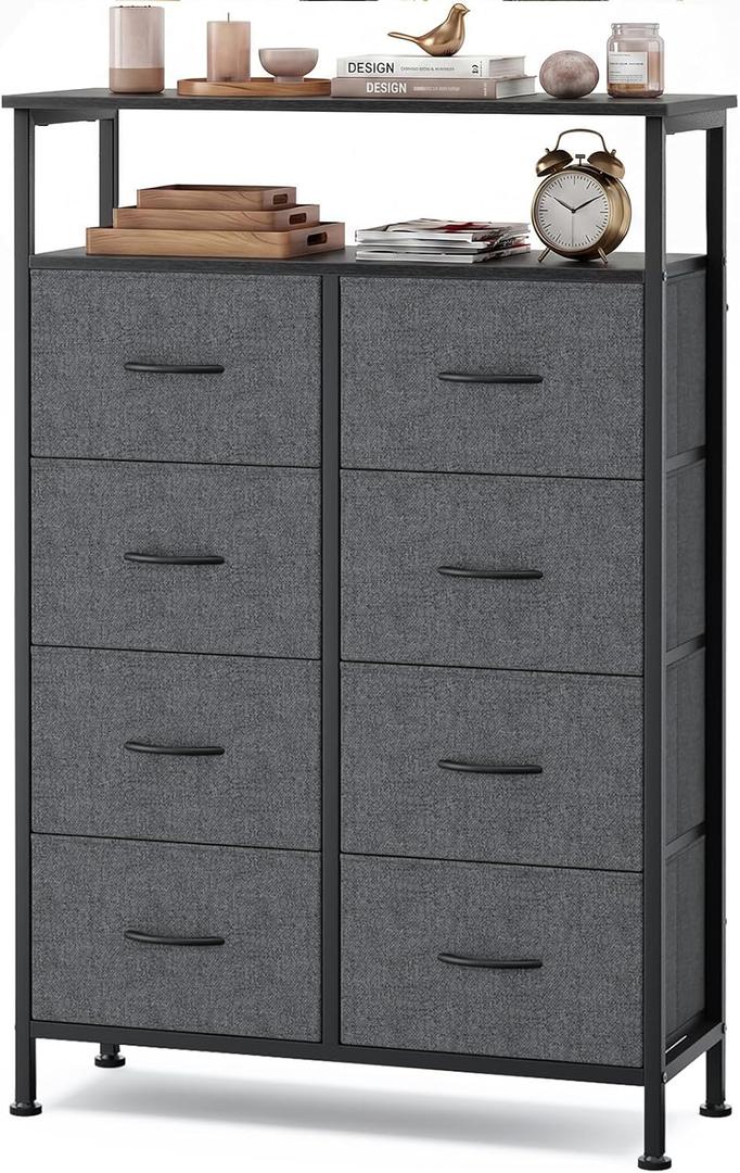 OLIXIS 8 Drawers Fabric Dresser, Raised Shelf Tall Chest of Drawers, Grey, 31.5"D x 45.9"W x 11.8"H