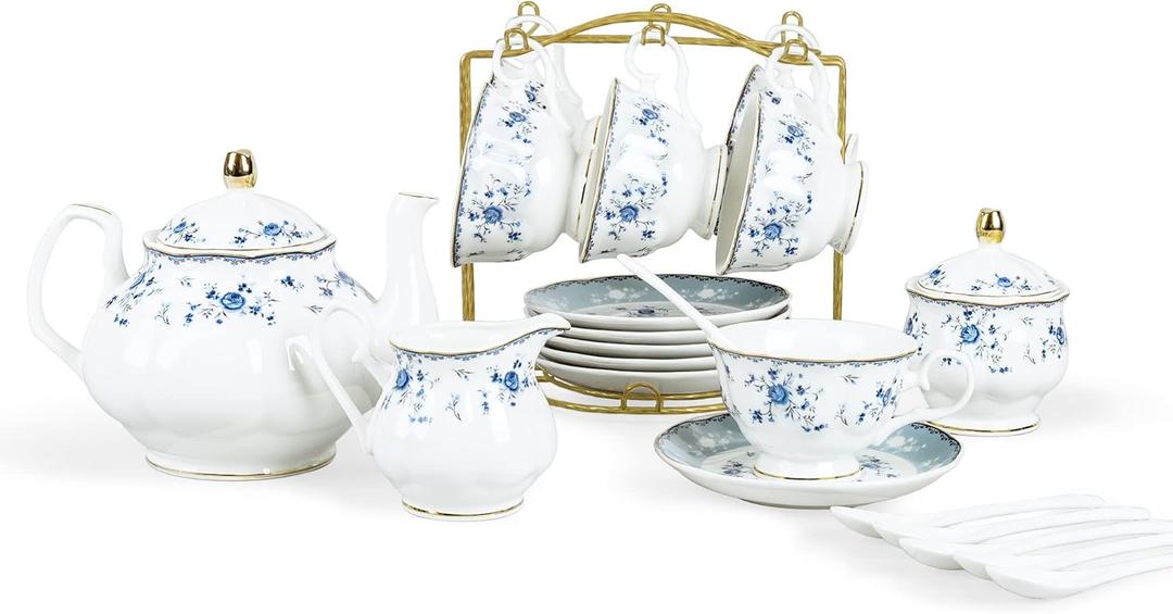 Fanquare 15 Piece Blue Rose Porcelain Tea Set, British Floral Teapot with Tea Cups, Women Tea Party Set for 6