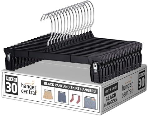 Hanger Central 24 Pack Pants Hangers – 12 Inch Slim Plastic Clothes Hangers with Clips for Skirts, Shorts & Trousers – Non Slip Grip, Heavy Duty Space Saver with Swivel Hook – Black Closet Organizer
