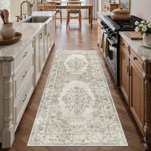 2x6 Runner Rug Beige Washable Hallway Kitchen Bedroom Vintage Distressed Bathroom Non Slip Medallion Floral Carpet Indoor Retro Throw Floor Mat for Office Dining Laundry Living Room