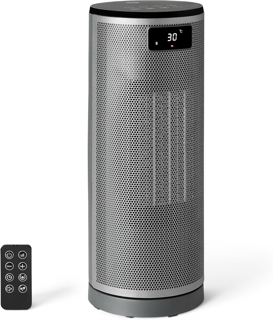 Amazon Basics Space Heater for Indoor Use with PTC Ceramic Technology, 1500W, Remote Control, 70 Oscillation, Digital Controls, 16-inch, Grey