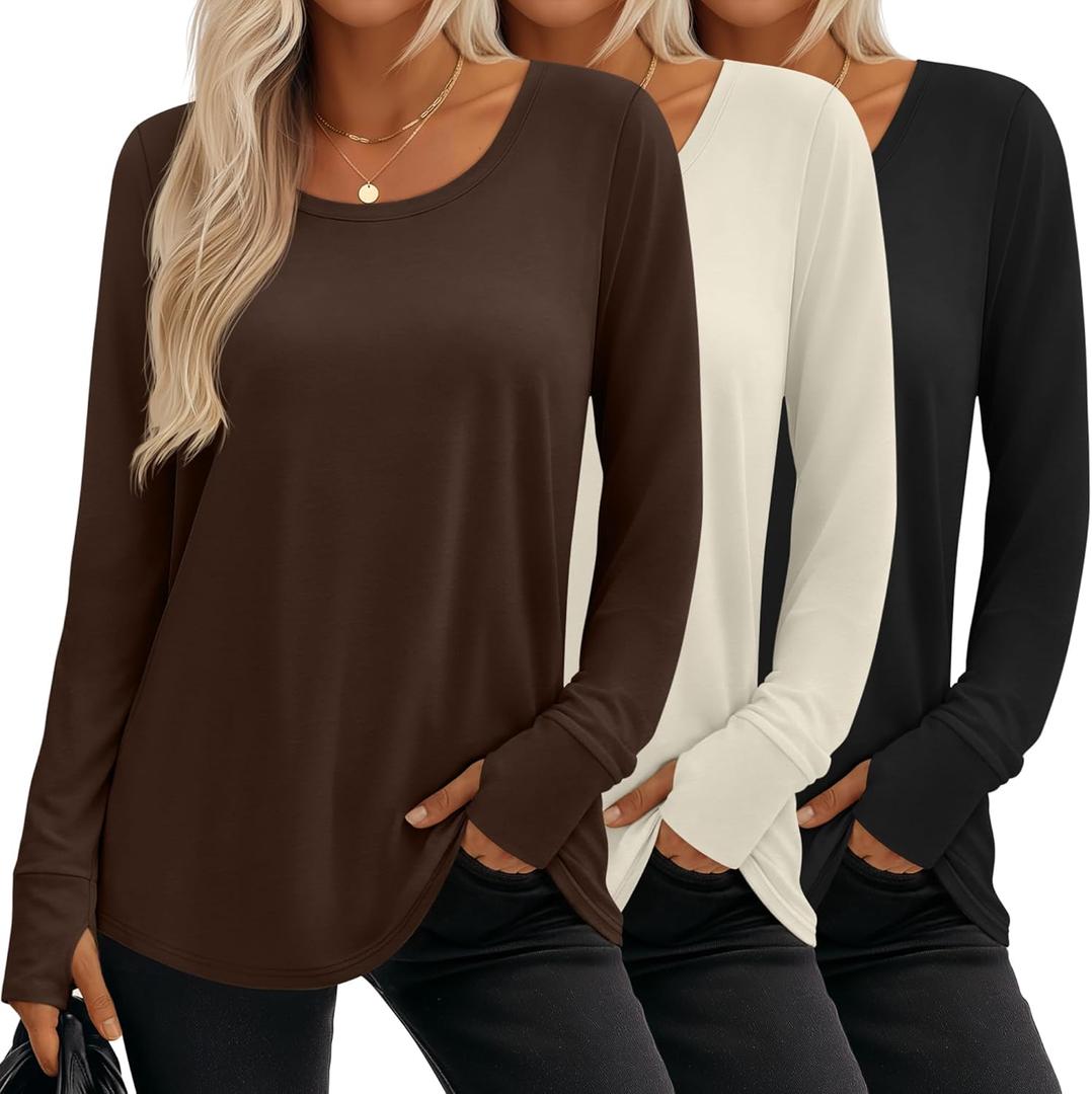 3 Pack Women's Long Sleeve Tunic Tops with Thumb Holes Cotton Scoop Neck T-Shirts Casual Loose Basic Tee Blouses (XX-Large, Black, Cream, Brown)