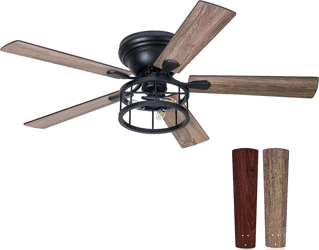 52 Inch Flush Mount Farmhouse Rustic Ceiling Fan with Light and Remote, Reversible AC Motor, 5 Dual Finish Blades, Industrial Low Profile Black Ceiling Fan light for Bedroom Living room Home
