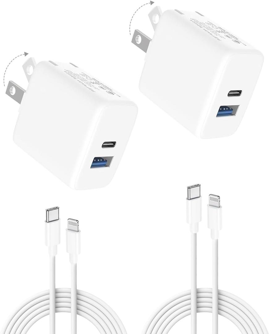 2Pack Fast Charger for iPad 9th 8th 7th 6th Generation 10.2 inch, iPad Air 3/2, iPad mini 5/4/3, 20W Dual Port Foldable Wall Charger with 6.6ft USB-C to Lightning Fast Charging Cable (White)