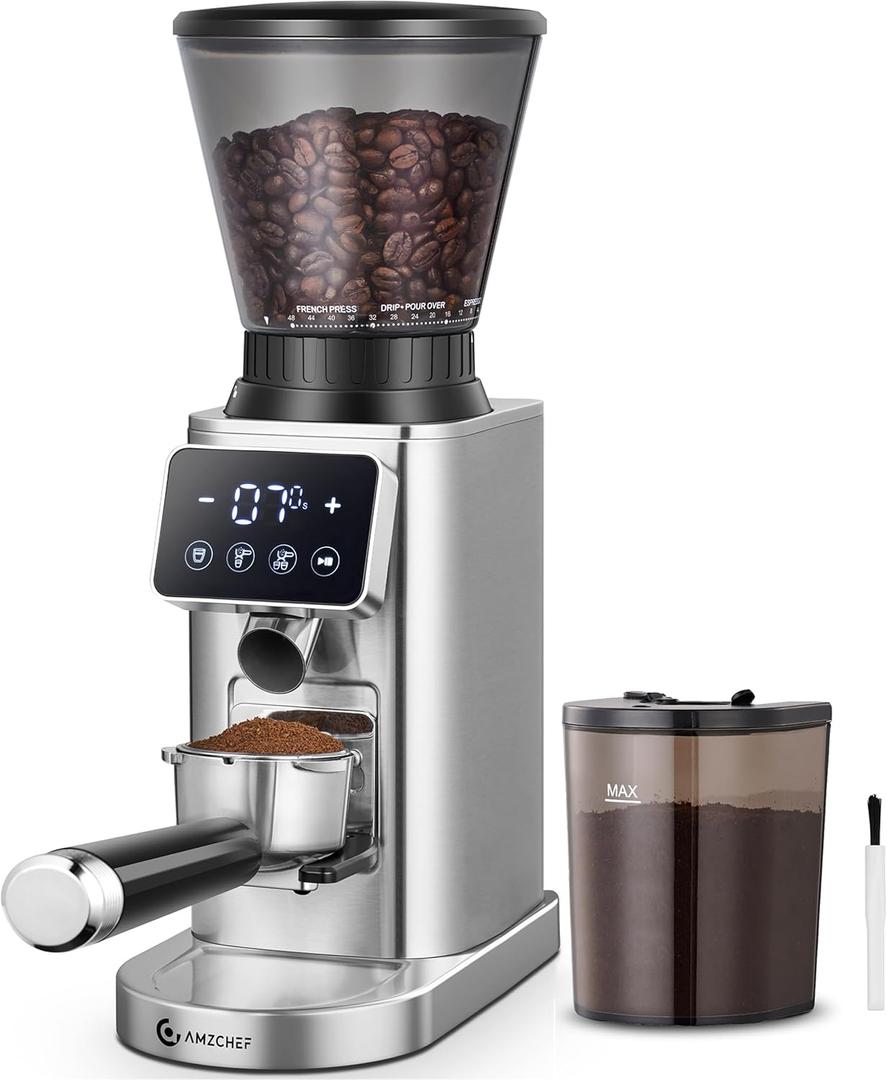 AMZCHEF Coffee Grinder, Coffee Bean Grinder for Home Use with Precise Grinding, LED Control Panel, Detachable Funnel Stand, Anti-static Design, 48 Grind Settings, Silver