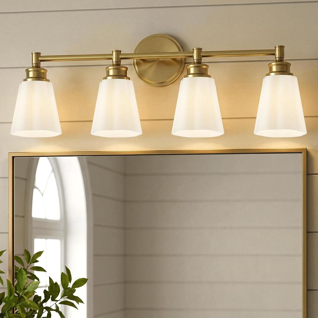 kudos 4-Light Brushed Gold Vanity Light, Milk White Glass Shade