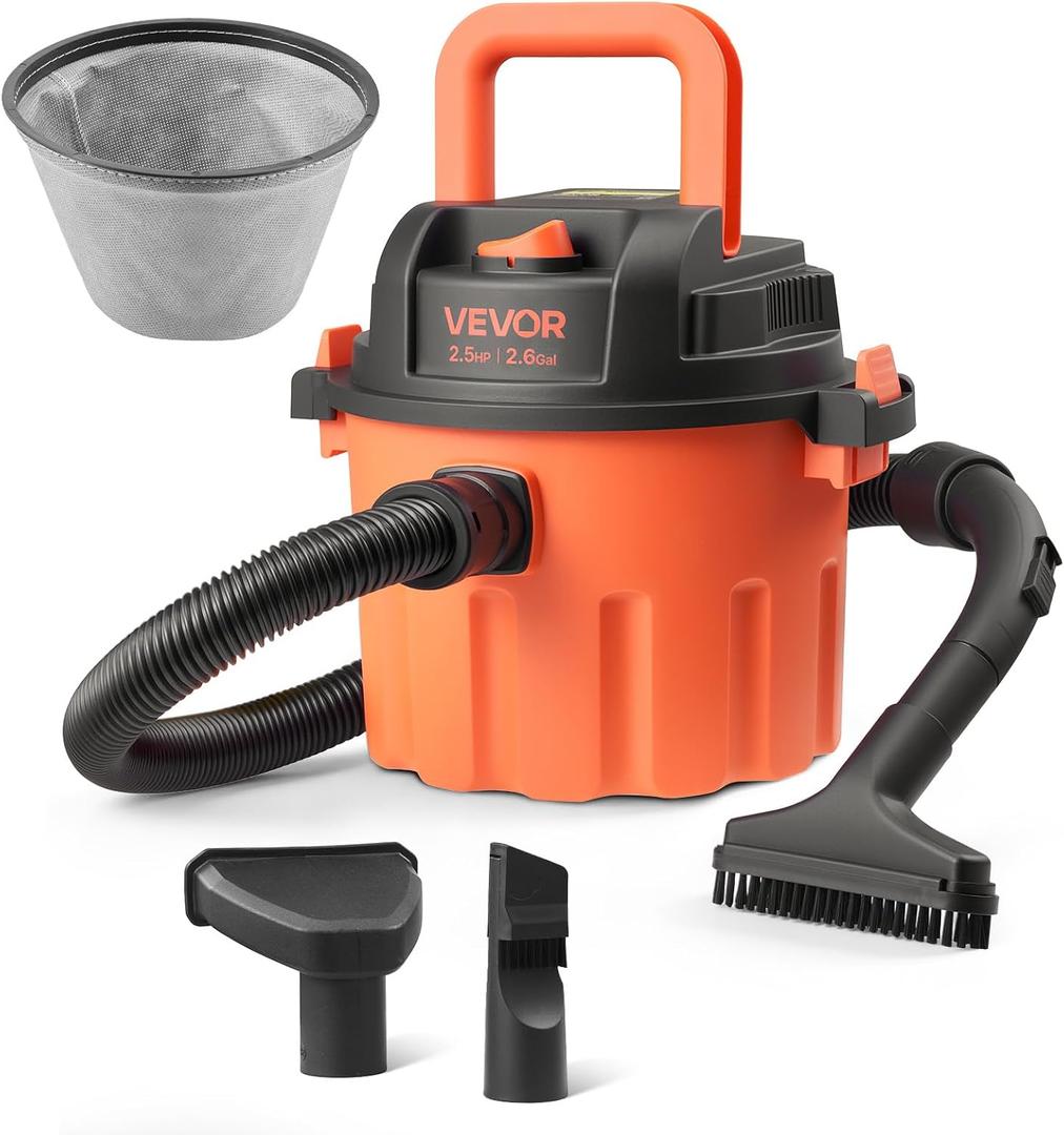 VEVOR Dry Vacuum Cleaner, 2.6 Gallon 2.5 Peak HP Portable Shop Vac with 800W Input Power, Various Nozzles, 1.25in Diameter x 4ft Hose, 9.2ft Cord for Home, Garage, Jobsite, Workshop, Black Orange